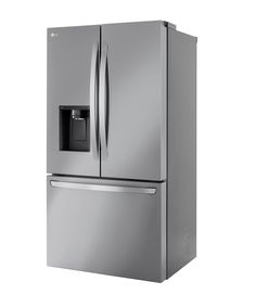 a stainless steel refrigerator freezer with water dispenser and ice maker on the door