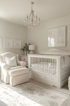 Elegant nursery with natural tones, featuring a comfortable nursing chair, white crib, and soft decor elements, perfect for a cozy baby room.