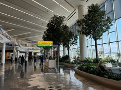 people are walking through an airport terminal with large windows and plants in the center area