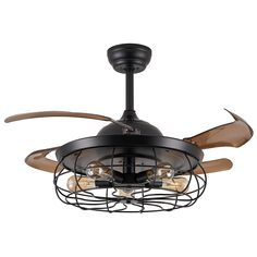 a black ceiling fan with wooden blades and two light bulbs on the bladed blades