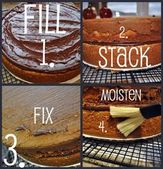 the steps in how to make a chocolate cake with frosting on top and bottom