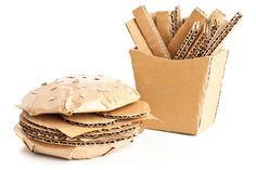 an open cardboard box with paper straws in it and a hamburger on the side