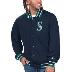 Add a fashion-forward piece of Seattle Mariners gear to your wardrobe with this Secret Weapon jacket from Starter. It features a full-snap closure and lightweight fabric for a stylish look that provides coverage from mild conditions. The Seattle Mariners graphics and two-tone design puts team spirit on full display. Full Snap Officially licensed One interior pocket One interior zippered pocket Embroidered fabric applique Locker loop Two front pockets Rib-knit striping on cuffs, collar and bottom Fitted Outerwear With Button Closure For College, Varsity Outerwear With Button Closure For Work, Casual Winter Outerwear With Snap Cuffs, Fall Varsity Outerwear With Snap Buttons, Fitted Casual Varsity Jacket With Button Closure, Sporty Cotton Outerwear With Button Closure, Varsity Long Sleeve Outerwear With Buttons, Varsity Outerwear With Buttons And Long Sleeves, Fall Varsity Jacket With Snap Buttons For Streetwear