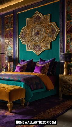 a bedroom with purple and gold decor on the walls, along with a green headboard