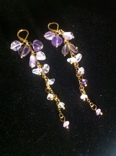 Earrings with a graduated cascade of Ametrine nuggets on a gold-plated chain and gold-plated stainless steel hooks. In the deposits of Amethyst there is sometimes, rarely a crystalline quartz which is called Ametrine because it is composed of a mixture of Citrine and Amethyst. It is therefore a fairly rare gemstone. Ametrine nuggets measure approximately 2mm x 4mm up to 8mm x 4-5-6mm. They are mounted on a gold-plated wire with a pearl of one and a half millimeters. To go to a party or to go to the Opera, they will attract attention for sure. Gold-plated stainless steel lever back ear hooks. They measure 9.5 cm or 3 3/4 inches from top to bottom. Rare Gemstones, Ear Hook, Citrine, Gold Plate, Dangle Drop Earrings, Amethyst, Plating, Stainless Steel, Drop Earrings