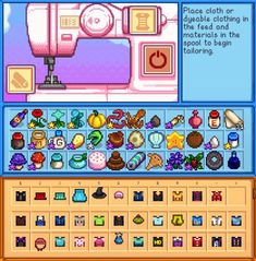 Stardew Valley Upgrade Tools, Cute Clothes Stardew Valley, Tailoring Stardew Valley, Stardew Valley Helpful, Clothing Recipe Stardew Valley, Stardew Tailoring Guide, Sewing Machine Stardew Valley, Stardew Valley Level Up Guide, Stardew Tool Upgrades