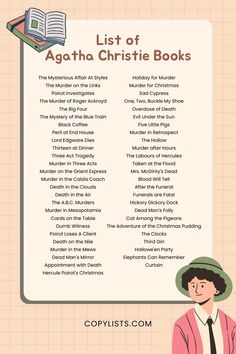 A list of Agatha Christie Books with a cartoon depiction of the author. Personalidad Infj, Classic Literature Books, Agatha Christie Books, Until The Very End, Book Reading Journal, Books To Read Nonfiction, 100 Books To Read, Unread Books, Recommended Books To Read