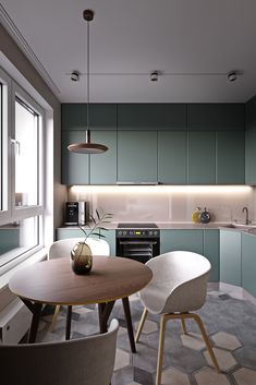 a kitchen with an oven, table and chairs next to a window in the room