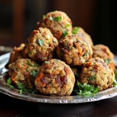 a plate full of meatballs with parsley on top