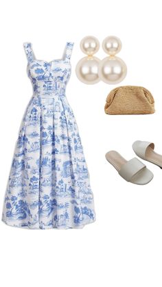 a blue and white dress with shoes, handbag, purse and pearls on it