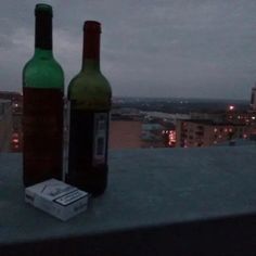 two wine bottles sitting next to each other on top of a roof in the evening