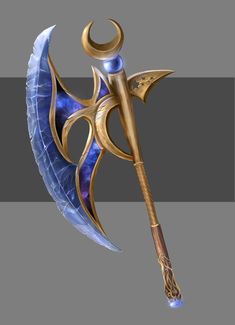 a blue and gold umbrella with an elaborate handle