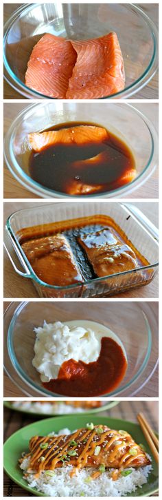 four different pictures showing how to cook salmon in the oven with sauces and gravy