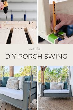 the diy porch swing is made from wood and has two different tools in it