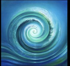 an abstract painting with blue and green swirls in the center, on a blue background