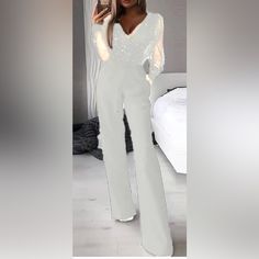 So Fun And Elegant!!!! Never Worn White Jumpsuits And Rompers For Fall Party, Glamorous White Long Sleeve Jumpsuits And Rompers, Winter V-neck Jumpsuits And Rompers, Elegant Fitted Jumpsuits And Rompers For Winter, Womens Black Dress Pants, White Dress Pants, Gold Pants, Navy Dress Pants, Plus Size Work