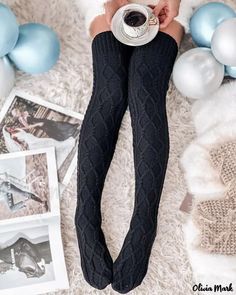 Olivia Mark - 1 Pair of Cable Knit Long Thigh Socks Thigh High Leg Warmers, Cable Knit Leg Warmers, Thigh Socks, Knit Leg Warmers, Crop Top Dress, Style Basics, Long Sleeve Short Dress, Boot Socks, Long Boots