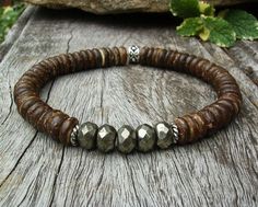 Men's Stretch Bracelet Coconut Bead Bracelet by BonArtsStudio Casual Brown Beaded Bracelets For Vacation, Rustic Beaded Bracelets For Beach, Mens Stretch Bracelets, Mens Designer Jewelry, Wooden Bracelet, Shell Bracelet, Southwest Style, Mens Beaded Bracelets, Coconut Shell