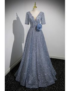 10% off now! Shop dusty blue sparkly sequin 1/2 sleeves prom dress with flower online. Sheprom offers formal, party, casual & more style dresses to fit your special occasions. Elegant Dress With Sleeves, Blue Elegant Dress, Hoco Dresses Long, Velvet Prom Dress, Bodycon Floral Dress, Prom Dresses Vintage, Sparkly Dress, Prom Dresses With Sleeves, Lace Dress Black