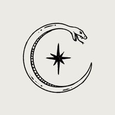 a black and white drawing of a snake on top of a crescent with a star in the middle