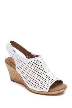 Get comfort and style in this cushioned perforated leather wedge sandal.Sizing: True to size. M=standard width, W=wide width . Open toe. Leather construction. Perforated detail. Hook-and-loop side strap closure. Cork wedge heel. Approx. 2.7/8" heel, 0.5" platform. Imported Leather upper, rubber sole Open Toe Synthetic Sandals With Perforations, White Leather Wedge Sandals With Arch Support, Comfortable White Wedge Sandals With Arch Support, Synthetic Sandals With Perforations For Summer, White Wedge Heel Sandals With Arch Support, Comfortable White Leather Wedge Sandals, Open Toe Sandals With Perforated Toe Box, Synthetic Open-toe Sandals With Perforated Toe Box, White Open Toe Heels With Arch Support