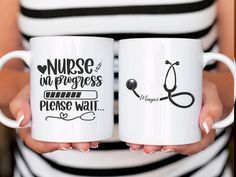 two white coffee mugs with nurse and nurse's stethoscope on them