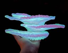 a hand holding three glowing objects in the dark