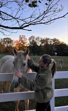 a woman petting a horse behind a white fence