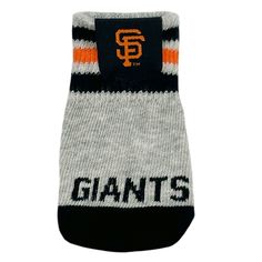 the san francisco giants dog sweater is shown in grey and black with an orange stripe