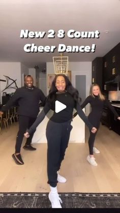 a group of people are dancing in a living room with the caption new 2 8 count cheer dance