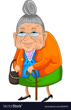 an old woman with a cane and glasses on her head is holding a handbag