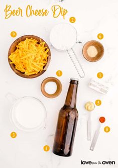 the ingredients for beer cheese dip laid out on a white surface with text overlay