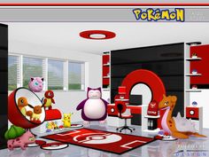 the room is decorated with pokemon characters and other items in red, white, and black colors