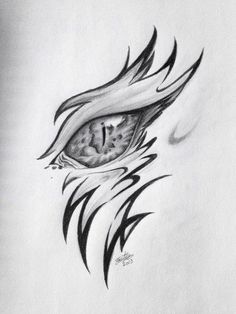 a drawing of a dragon's eye with black and white lines coming out of it