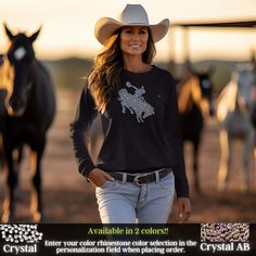 Saddle up for style with our fabulous shirt featuring a cowgirl riding horse design, beautifully embellished with sparkling rhinestones. This eye-catching piece captures the spirit of the Wild West, blending fashion with frontier flair. Whether you're a seasoned equestrian or simply admire the rugged charm of Western culture, this shirt is sure to make a statement wherever you go. Crafted with premium materials and attention to detail, it's perfect for adding a touch of cowboy chic to your wardr Country Style Tops For Fall Country Events, Western Style Tops For Country Concerts And Festivals, Western Style Tops For Country Concerts, Cowgirl Riding Horse, Music Concert Outfit, Country Music Concert Outfit, Country Music Concert, Cowgirl Pictures, Cowboy Chic