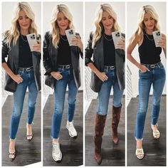 The most versatile style of jeans EVER! As you can see, they can easily be styled with any type of shoe for for any season 🍂 Faux Leather Blazer, Leather Blazer, Night Looks, Versatile Style, Types Of Shoes, Denim Fashion, Date Night