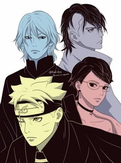 three anime characters with different hair colors and glasses on their faces, one is wearing black