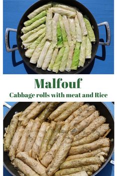 two pictures showing different types of food in pans on a blue table with text overlay that reads malfour cabbage rolls with meat and rice