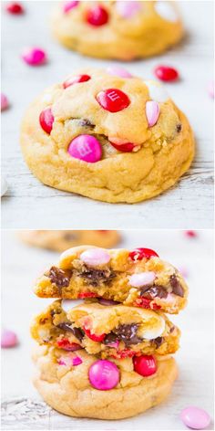 three different pictures of cookies with pink and red candies on the top one is half eaten