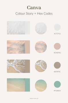 A light beige background with four beach themed photos and their corresponding color palettes next to each with hex codes. Color Palette Hex Codes Excel, Beach Color Palette Hex Codes, Calming Color Palette Hex Codes, Canva Colour Palettes Code, Color Pallets With Hex Codes, Canva Color Palette Codes, Zen Color Palette, Color Palettes With Hex Codes, Rgb Palette