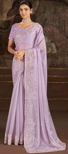 Purple and Violet color Saree in Silk fabric with Embroidered, Resham, Sequence work Elegant Purple Georgette Embroidered Fabric, Elegant Purple Embroidered Georgette Fabric, Purple Georgette Embroidered Fabric For Reception, Formal Art Silk Saree With Intricate Embroidery, Georgette Saree With Floral Embroidery For Wedding, Floral Embroidered Georgette Saree For Wedding, Elegant Floor-length Saree For Ceremonies, Purple Embroidered Saree For Wedding, Elegant Saree With Intricate Embroidery For Ceremony