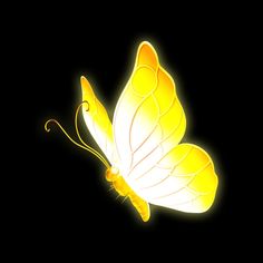 a yellow butterfly flying through the air with it's wings spread out and glowing