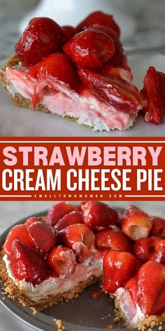 strawberry cream cheese pie on a plate with strawberries in the background and text overlay