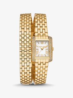 The petite Emery watch now comes in a dazzling double-wrap silhouette. A glittering pavé-encrusted dial ensures this stainless-steel timepiece makes a grand statement, while Roman numeral time-stops lend classic appeal. This one is guaranteed to earn compliments. Michael Kors Gold Watch Women, Womens Gold Watch, Girlfriend Presents, Presents Christmas, Expensive Jewelry Luxury, Shiny Objects, Jewelry Luxury, Expensive Jewelry, Michael Kors Collection