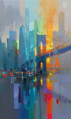 an abstract painting of a cityscape with buildings and bridges in the background,