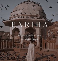 a woman standing in front of a building with birds flying around her and the words eartha on it