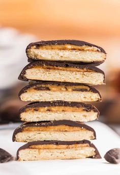 Calling all peanut butter lovers! These Healthier Homemade Tagalongs are a girl Scout cookie copycat recipe made with simple, wholesome ingredients! Lightly sweetened peanut butter sitting on top a crispy almond flour shortbread cookie and then dipped in chocolate - it's like a peanut butter cup in cookie form! | Gluten Free + Vegan + Grain Free Tagalong Cookies, Crispy Cookies, Peanut Butter Filling, Cookie Calories, Peanut Butter Lovers, Dairy Free Chocolate, Girl Scout Cookies, Chocolate Coating