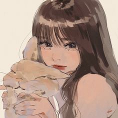 a drawing of a girl holding a cat in her hands and looking at the camera