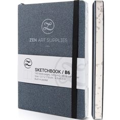 a black and white sketch book with a pencil in it's side pocket on a white background