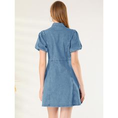 This shirt dress is cut from stretchy denim and is meant to be worn for every fun day on your agenda. This sweet a-line dress has a denim construction that shapes the collared and vintage puff sleeves. A set of princess seams frame the full button placket that spans from the bodice to the mini hem. Pair this cutie with your fave plimsolls for the cutest casual style! Casual Cotton Mini Dress With Collar, Casual Blue A-line Shirt Dress, Trendy Denim Mini Dress With Short Sleeves, Casual Short Sleeve Denim Shirt Dress, Casual Denim Shirt Dress With Short Sleeves, Trendy Short Sleeve Denim Dress With Pockets, Non-stretch Button-up Denim Dress, Trendy Cotton Short Sleeve Shirt Dress, Casual Solid A-line Shirt Dress